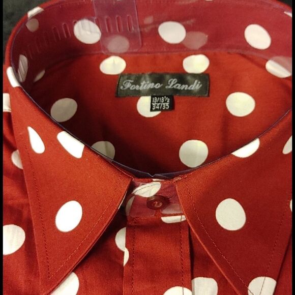 FORTINO LANDI RED/ WHITE POLKA DOT DRESS SHIRT. - Picture 4 of 5